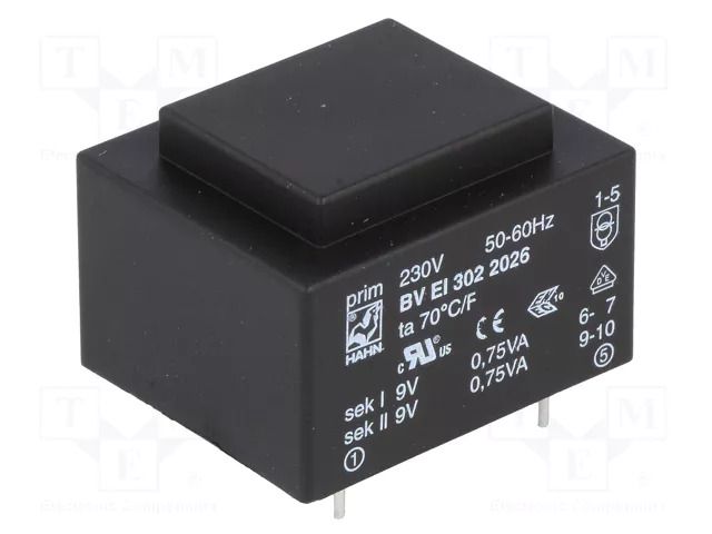 Transformer: encapsulated; 1.5VA; 230VAC; 9V; 9V; 83mA; 83mA; PCB HAHN BVEI3022026