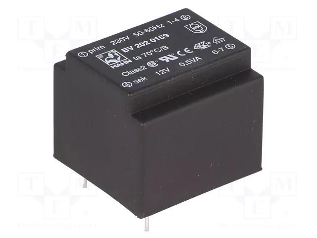 Transformer: encapsulated; 0.5VA; 230VAC; 12V; 42mA; PCB; BV HAHN BV2020159