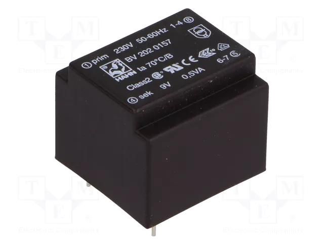 Transformer: encapsulated; 0.5VA; 230VAC; 9V; 55mA; PCB; BV HAHN BV2020157