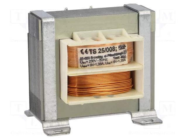 Transformer: mains; 25VA; 230VAC; 9V; 9V; 1.35A; 1.35A; screw type INDEL TS25/008