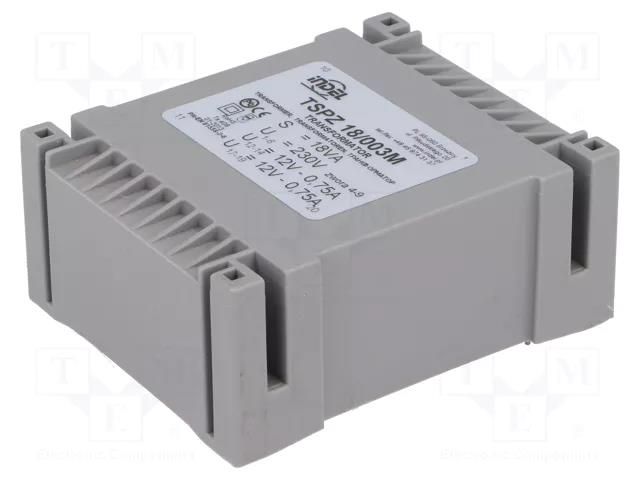 Transformer: encapsulated; 18VA; 230VAC; 12V; 12V; 750mA; 750mA; PCB INDEL TSPZ18/2X12V