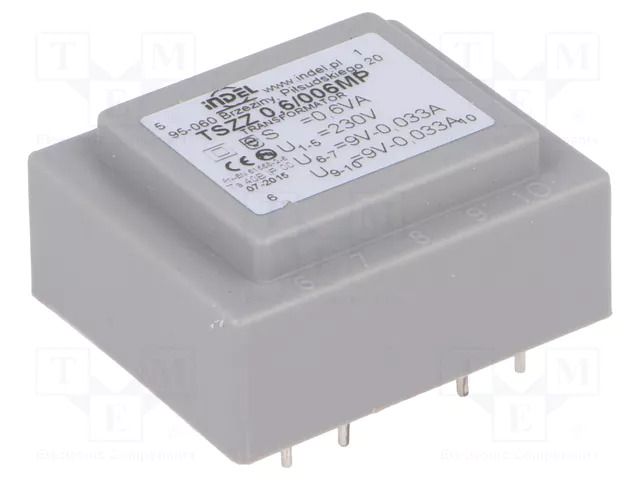 Transformer: encapsulated; 0.6VA; 230VAC; 9V; 9V; 33mA; 33mA; PCB INDEL TSZZ0.5/2X9V