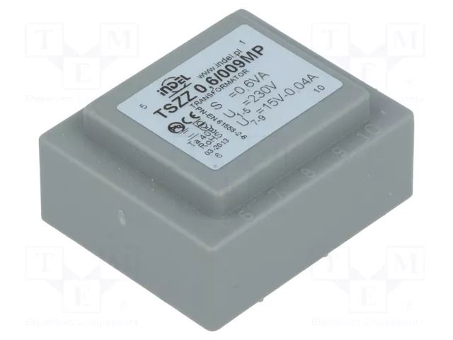 Transformer: encapsulated; 0.6VA; 230VAC; 15V; 40mA; PCB; IP00 INDEL TSZZ0.5/15V