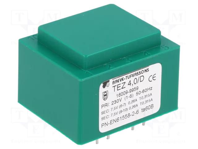 Transformer: encapsulated; 4VA; 230VAC; 7.5V; 7.5V; 266.6mA; PCB BREVE TUFVASSONS TEZ4/D/7.5-7.5V