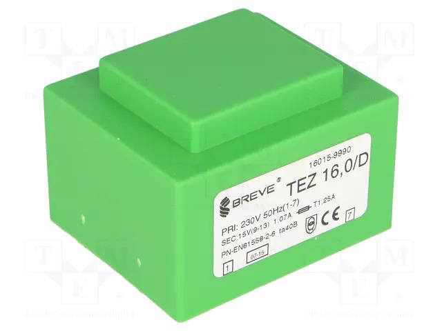 Transformer: encapsulated; 16VA; 230VAC; 15V; 1066.6mA; PCB; IP00 BREVE TUFVASSONS TEZ16/D/15V