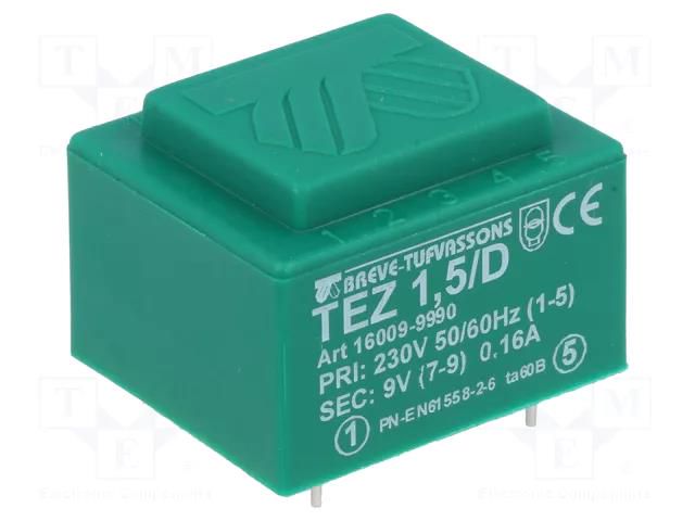 Transformer: encapsulated; 1.5VA; 230VAC; 9V; 166.6mA; PCB; IP00 BREVE TUFVASSONS TEZ1.5/D/9V