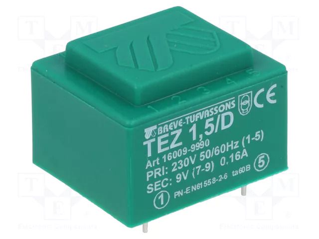 Transformer: encapsulated; 1.5VA; 230VAC; 9V; 166.6mA; PCB; IP00 BREVE TUFVASSONS TEZ1.5/D/9V