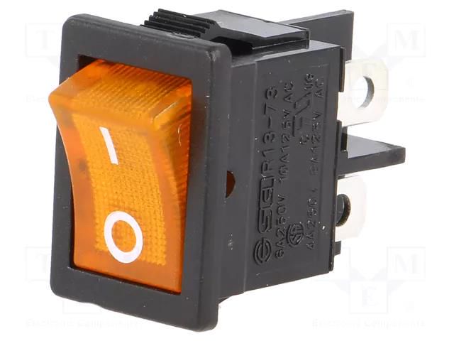 ROCKER; DPST; Pos: 2; ON-OFF; 6A/250VAC; orange; neon lamp; 250V SCI RS1373CBY2N2