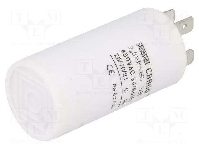 Capacitor: polypropylene; motors, run; 2.5uF; 450V; Ø30x60mm; ±5% SR PASSIVES CBB60A-2.5/450