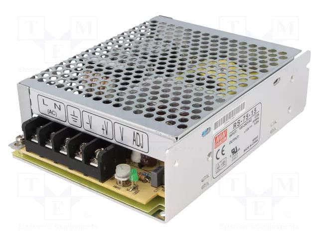 Power supply: switching; for building in,modular; 75W; 15VDC; 5A MEAN WELL RS-75-15