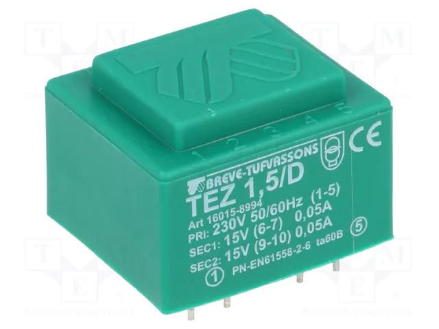 Transformer: encapsulated; 1.5VA; 230VAC; 15V; 15V; 5mA; 50mA; PCB BREVE TUFVASSONS TEZ1.5/D/15-15V