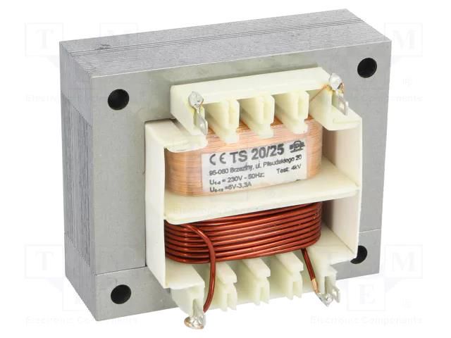 Transformer: mains; 20VA; 230VAC; 6V; 3.3A; Leads: solder lugs; IP00 INDEL TS20/25