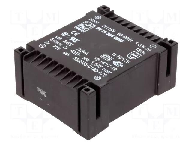 Transformer: encapsulated; 18VA; 115VACx2; 9V; 9V; 1A; 1A; PCB; BVUI HAHN BVUI3940063