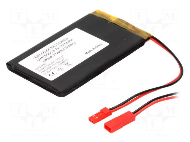Re-battery: Li-Po; 3.7V; 2500mAh; cables,JST SYR-02T socket CELLEVIA BATTERIES ACCU-LP475085/CL