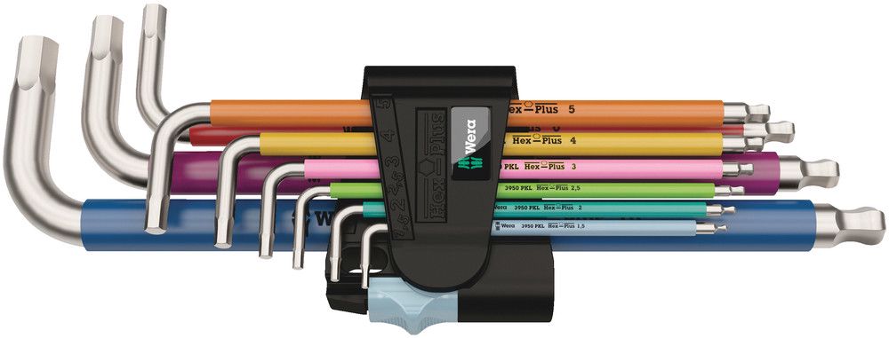3950/9 Hex-Plus Multicolour Stainless 1 L-key set, metric, stainless, 1 x 1.5x90; 1 x 2.0x101; 1 x 2.5x112; 1 x 3.0x123; 1 x 4.0x137; 1 x 5.0x154; 1 x 6.0x172; 1 x 8.0x195; 1 x 10.0x224, Wera 05022669001