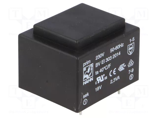 Transformer: encapsulated; 2.3VA; 230VAC; 18V; 127mA; PCB; BVEI HAHN BVEI3032014