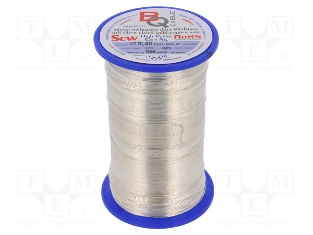 Silver plated copper wires; 0.4mm; 500g; Cu,silver plated; 443m BQ CABLE SCW-0.40/500