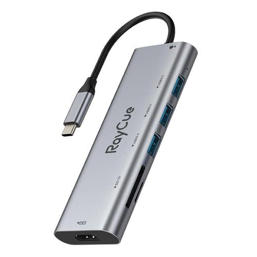 Hub 7in1 RayCue USB-C to 3x USB-A 3.0 5Gbps + SD/TF 3.0 + HDMI 4K30Hz + PD 3.0 100W (gray), RayCue HXD-RC2701