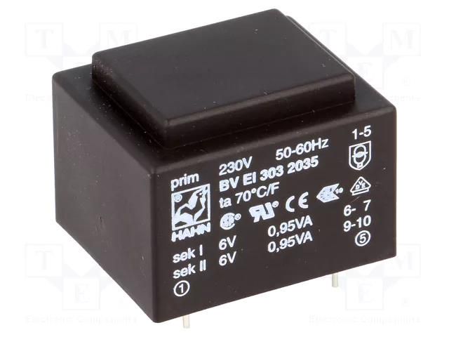 Transformer: encapsulated; 1.9VA; 230VAC; 6V; 6V; 158mA; 158mA; PCB HAHN BVEI3032035