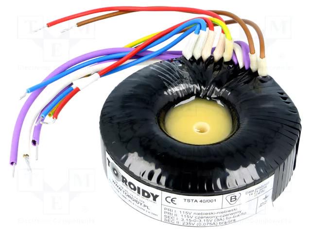 Transformer: toroidal audio; 40VA; 115VAC; 235V; 3.15÷3.15V; 75mA TOROIDY TSTA40/001