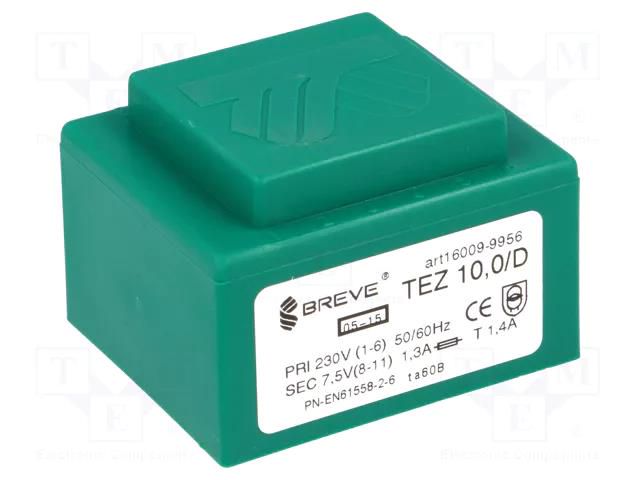 Transformer: encapsulated; 10VA; 230VAC; 7.5V; 1333.3mA; PCB; IP00 BREVE TUFVASSONS TEZ10/D/7.5V