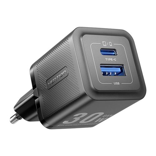 Wall charger, Vention, FEQB0-EU,  USB-C, USB- A, 30W/30W, GaN (black), Vention FEQB0-EU