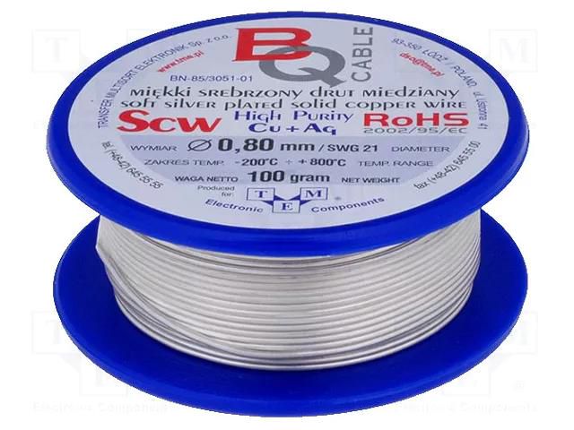 Silver plated copper wires; 0.8mm; 100g; Cu,silver plated; 22m BQ CABLE SCW-0.80/100