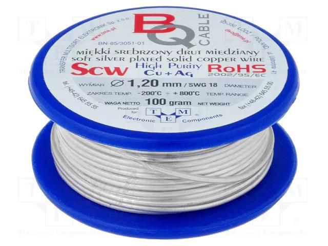 Silver plated copper wires; 1.2mm; 100g; Cu,silver plated; 9.5m BQ CABLE SCW-1.20/100
