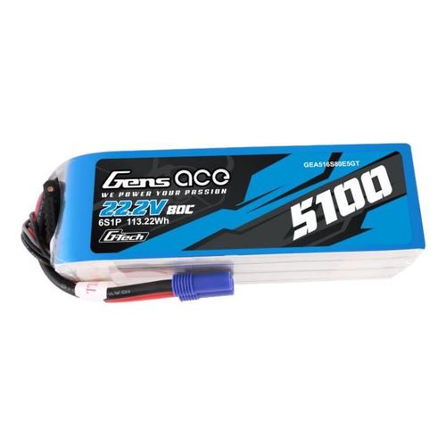 Gens ace G-Tech 5100mAh 80C 22.2V 6S1P Lipo Battery Pack with EC5 plug, Gens ace GEA516S80E5GT