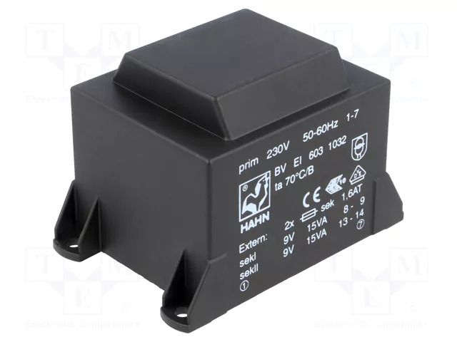 Transformer: encapsulated; 30VA; 230VAC; 9V; 9V; 1667mA; 1667mA; PCB HAHN BVEI6031032