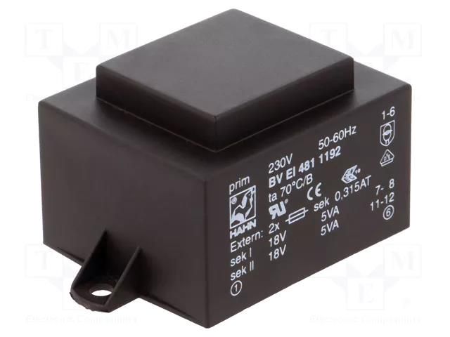 Transformer: encapsulated; 10VA; 230VAC; 18V; 18V; 278mA; 278mA; PCB HAHN BVEI4811192