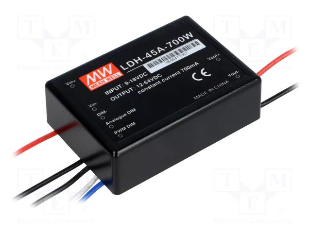 Converter: DC/DC; 44W; Uin: 9÷18VDC; Uout: 12÷64VDC; Iin: 4.2A; LED MEAN WELL LDH-45A-700W