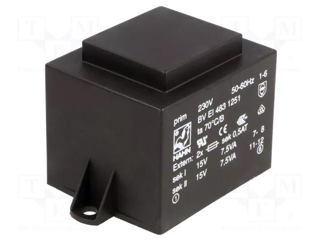 Transformer: encapsulated; 15VA; 230VAC; 15V; 15V; 500mA; 500mA; PCB HAHN BVEI4831251