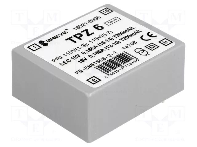Transformer: mains; 6VA; 115VAC,230VAC; 18V; 18V; PCB; IP00 BREVE TUFVASSONS TPZ6/2X18V