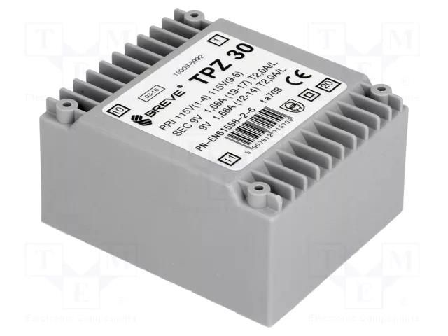 Transformer: mains; 30VA; 115VAC,230VAC; 9V; 9V; PCB; IP00 BREVE TUFVASSONS TPZ30/2X9V