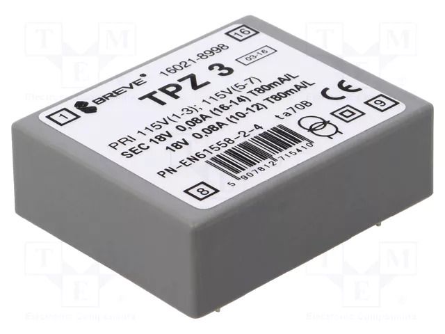 Transformer: mains; 3VA; 115VAC,230VAC; 18V; 18V; PCB; IP00 BREVE TUFVASSONS TPZ3/2X18V