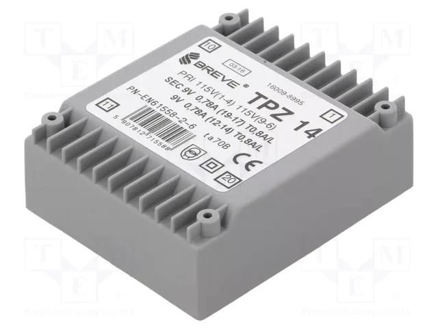 Transformer: mains; 14VA; 115VAC,230VAC; 9V; 9V; PCB; IP00 BREVE TUFVASSONS TPZ14/2X9V