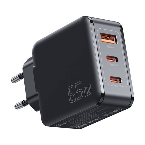 Wall charger, Essager, ECT2CA-JZB01-Z, GaN, USB-A, 2xUSB-C, 65W (black), Essager ECT2CA-JZB01-Z