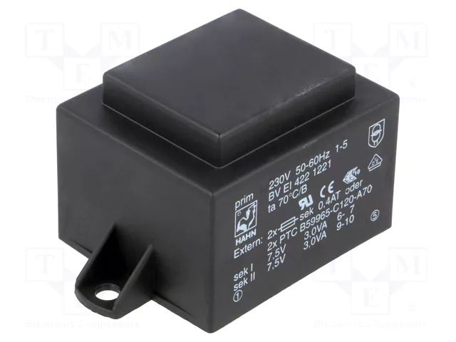 Transformer: encapsulated; 6VA; 230VAC; 7.5V; 7.5V; 400mA; 400mA HAHN BVEI4221221