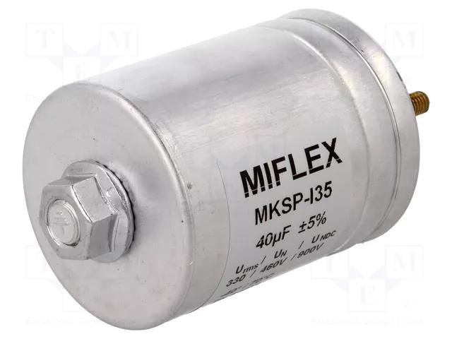 Capacitor: polypropylene; 40uF; Leads: M6 screws; ESR: 4.3mΩ; ±5% MIFLEX MKSPI35-40U/900