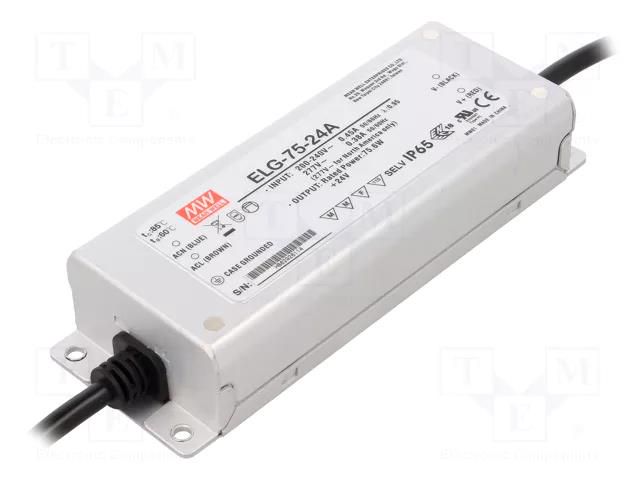 Power supply: switching; LED; 76W; 24VDC; 1.57÷3.15A; 180÷295VAC MEAN WELL ELG-75-24A