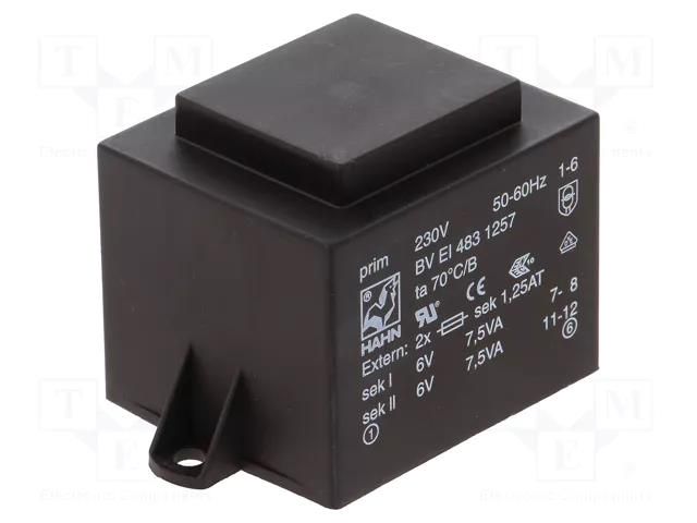 Transformer: encapsulated; 15VA; 230VAC; 6V; 6V; 1.25A; 1.25A; PCB HAHN BVEI4831257