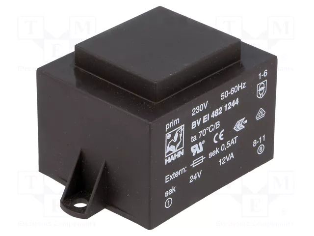 Transformer: encapsulated; 12VA; 230VAC; 24V; 500mA; PCB; BVEI HAHN BVEI4821244