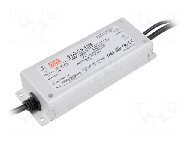 Power supply: switching; LED; 60W; 12VDC; 5A; 180÷295VAC; IP67; 85% MEAN WELL ELG-75-12B