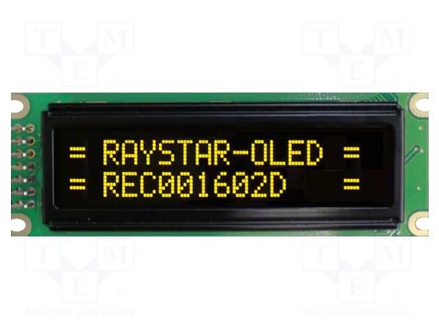 Display: OLED; alphanumeric; 16x2; Dim: 85x30x10mm; yellow; PIN: 14 RAYSTAR OPTRONICS REC001602DYPP5N01