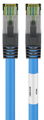 RJ45 (CAT 6A, 500 MHz) Patch Cable with CAT 8.1 S/FTP Raw Cable, blue, 10 m - 99.9 % oxygen-free copper conductor (OFC), AWG 24, halogen-free cable sheath (LSZH) 45664