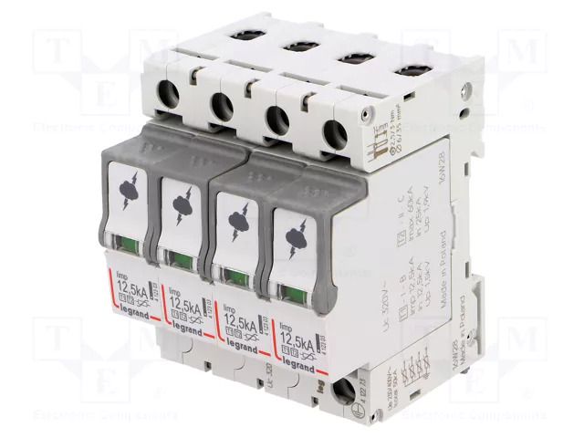 Surge arrester; Type 1+2; Poles: 4; 12.5kA; 320VAC; -10÷40°C; IP20 LEGRAND 412273