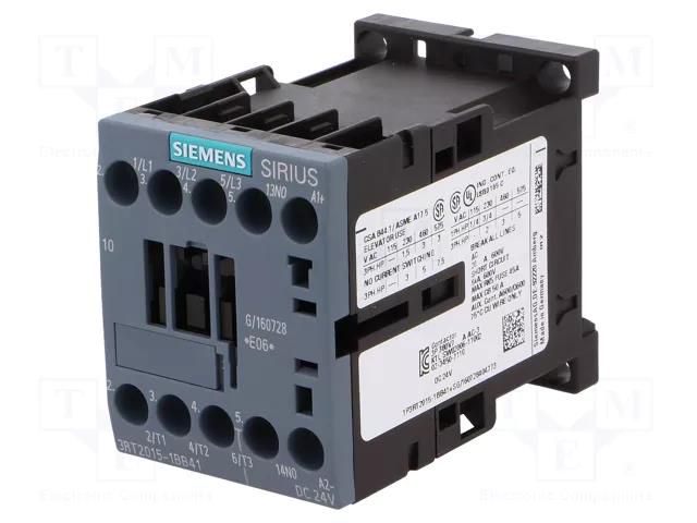 Contactor: 3-pole; NO x3; Auxiliary contacts: NO; 24VDC; 7A; 3RT20 SIEMENS 3RT2015-1BB41