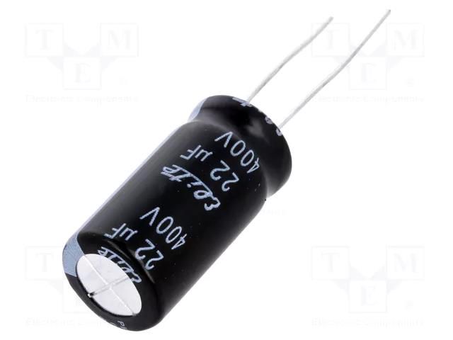 Capacitor: electrolytic; THT; 22uF; 400VDC; Ø12.5x25mm; Pitch: 5mm Elite PF2G220MNN1225