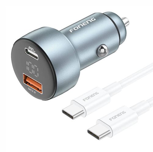 Foneng C18 1xUSB-A, 1xUSB-C 2.4A 48W car charger (grey) + USB-C to USB-C cable, Foneng C18 Type-C to Type-C